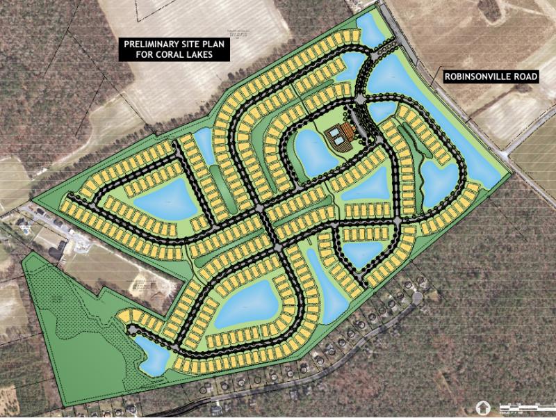 The Coral Lakes preliminary site plans includes an entrance off Robinsonville Road with 315 lots on 152 acres. GMB GRAPHIC